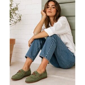 NWOT/B Frye Wendy Lace Moc Sage Green Suede Kiltie Fringe Boat Shoes Olive 9M